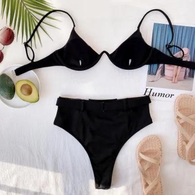 Summer Block Color Two Piece High Waist Strap Swimwear