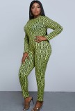 Summer Plus Size Print Green Long Sleeve Bodycon Jumpsuit