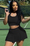 Summer Sports Black Tank Crop Top and Pleated Skirt 2PC Matching Set