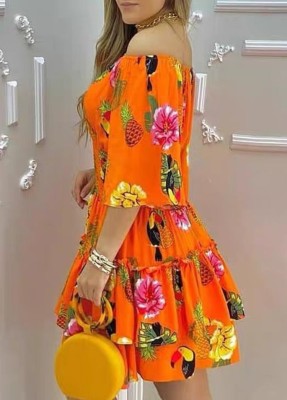 Summer Orange Floral Off Shoulder Skater Dress