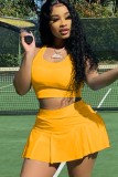 Summer Sports Yellow Tank Crop Top and Pleated Skirt 2PC Matching Set
