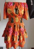 Summer Orange Floral Off Shoulder Skater Dress