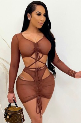 Summer Two Piece Brown Ruched Long Sleeve Crop Top and Mini Skirt Matching Set