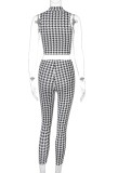 Summer Two Piece White and Black Print Crop Top and Pants Matching Set