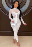 Summer White Sexy Ruched Long Sleeve Knotted Bodycon Jumpsuit