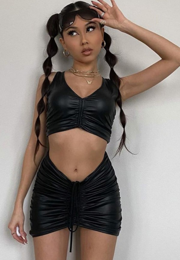 Summer Two Piece Black Leather Ruched Crop Top and Mini Skirt Set