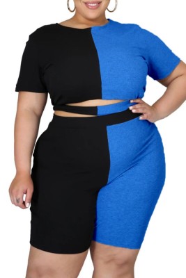 Summer Plus Size Two Piece Block Color Crop Top and Shorts Set