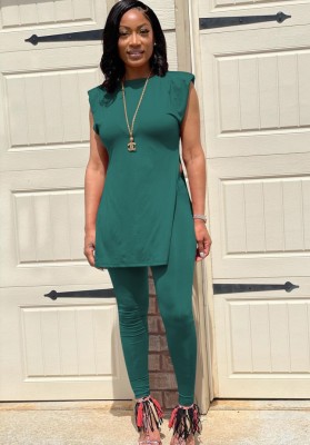 Summer Casual Green Side Slit Long Shirt and Fit Pants Matching Set