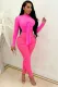 Summer Pink Sexy Ruched Long Sleeve Knotted Bodycon Jumpsuit