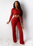 Spring Red Knit Long Sleeve Crop Top and Pants Matching Set