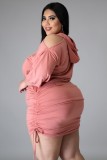 Summer Plus Size Pink Cut Out Shoulder Side Strings Hooded Dress