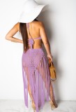 Summer Beach Purple Knit Fringe Halter Long Dress Cover-Up