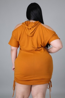 Summer Plus Size Orange Cut Out Shoulder Side Strings Hooded Dress