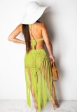 Summer Beach Green Knit Fringe Halter Long Dress Cover-Up