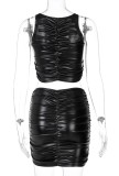Summer Two Piece Black Leather Ruched Crop Top and Mini Skirt Set
