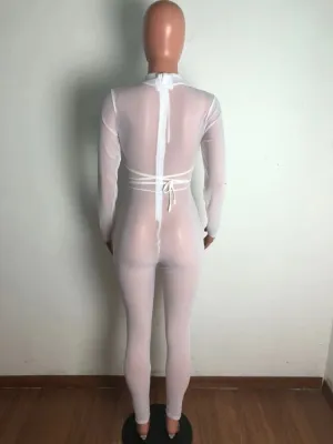 Summer White Mesh Transparent Sexy Sequin Cupps Long Sleeve Bodycon Jumpsuit