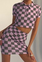 Summer Two Piece Plaid Crop Top and Mini Skirt Matching Set