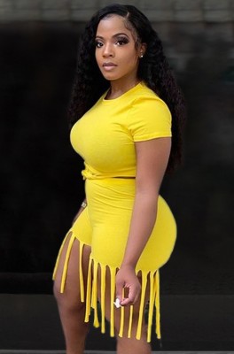 Summer Plus Size Yellow Sexy Crop Top and Fringe Shorts 2pc Matching Set
