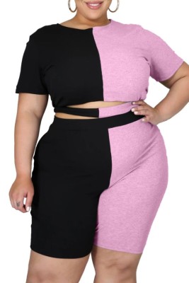 Summer Plus Size Two Piece Block Color Crop Top and Shorts Set
