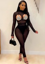 Summer Black Mesh Transparent Sexy Sequin Cupps Long Sleeve Bodycon Jumpsuit