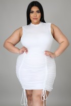 Summer Plus Size White Sexy Sleeveless Ruched Strings Bodycon Dress