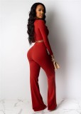 Spring Red Knit Long Sleeve Crop Top and Pants Matching Set