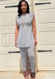 Summer Casual Grey Side Slit Long Shirt and Fit Pants Matching Set