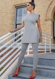 Summer Casual Grey Side Slit Long Shirt and Fit Pants Matching Set