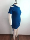 Summer Plus Size Blue Cut Out Shoulder Side Strings Hooded Dress