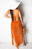 Summer Beach Orange Knit Fringe Halter Long Dress Cover-Up