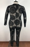 Spring Plus Size Black Floral Long Sleeve Zipper Bodycon Jumpsuit