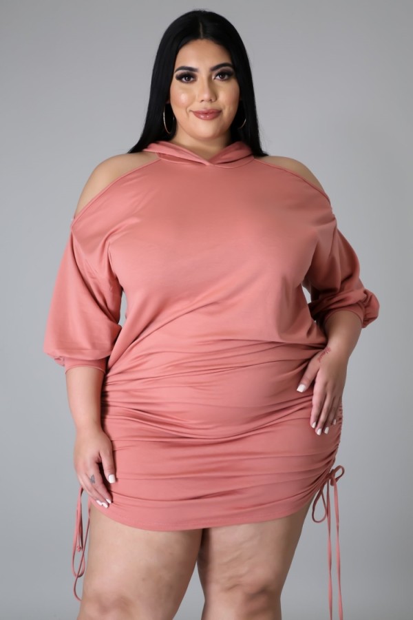 Summer Plus Size Pink Cut Out Shoulder Side Strings Hooded Dress