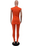 Summer Casual Orange Side Slit Long Shirt and Fit Pants Matching Set