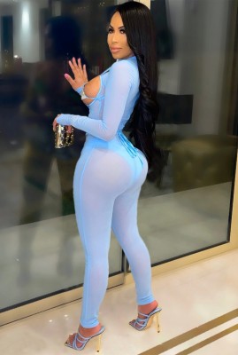 Summer Blue Mesh Transparent Sexy Sequin Cupps Long Sleeve Bodycon Jumpsuit