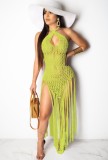 Summer Beach Green Knit Fringe Halter Long Dress Cover-Up