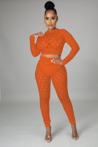 Summer Orange Sexy Hollow Out Long Sleeve Crop Top and Pants Set
