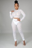 Summer White Sexy Hollow Out Long Sleeve Crop Top and Pants Set