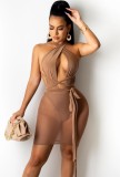 Summer Khaki Sexy Backless Halter Bodycon Dress