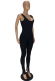 Summer Sexy Backless Black Sleeveless Ribbed Bodycon Jumpsuit