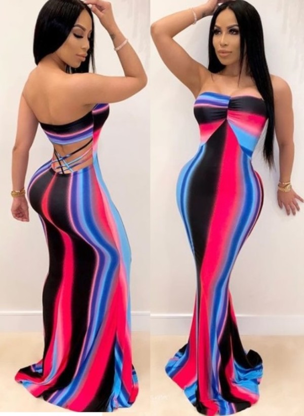 Summer Africa Colorful Stripes Strapless Long Formal Dress