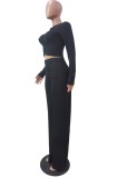 Spring Solid Ruched Long Sleeve Crop Top and Pants 2PC Set