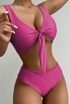 Pink Two-Piece Knotted High Waist Swimwear