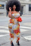 Summer Plus Size Print Crop Top and Midi Skirt Set