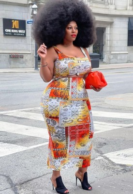 Summer Plus Size Print Crop Top and Midi Skirt Set