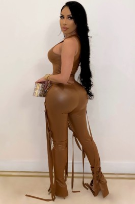 Summer Brown Leather Sexy Tassels Bodycon Crop Top and Pants Set