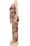Summer Print Hollow Out Side Slit Long Dress Cover-Up