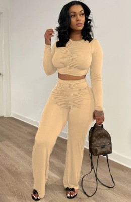 Spring Solid Ruched Long Sleeve Crop Top and Pants 2PC Set