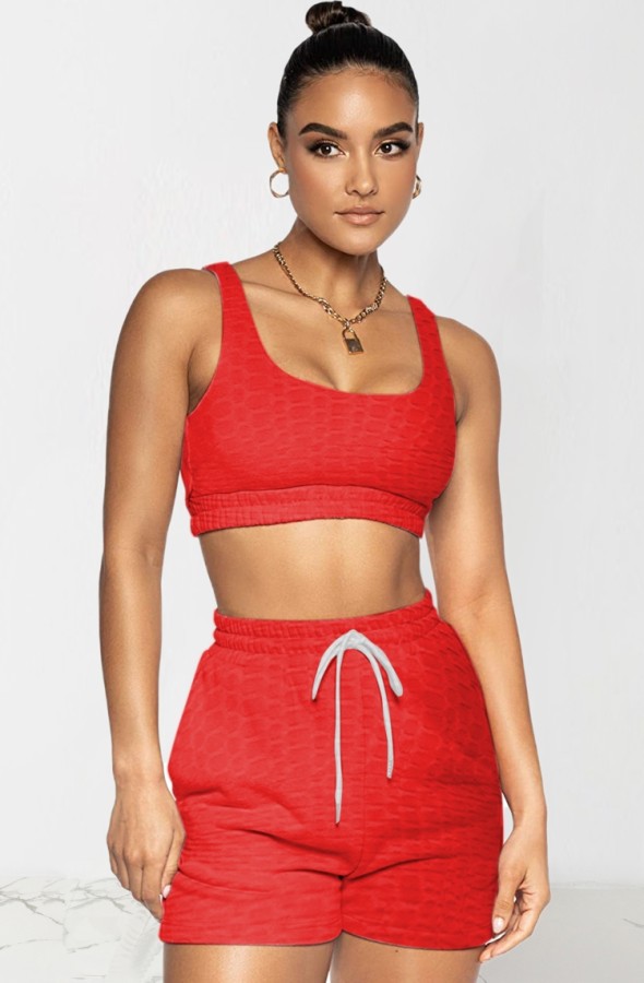 Summer Sports Solid Waffle Bra and Sweatshorts 2pc Set