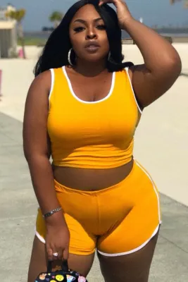 Summer Plus Size Yellow Short Vest and Jogger Shorts 2PC Set