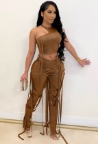Summer Brown Leather Sexy Tassels Bodycon Crop Top and Pants Set